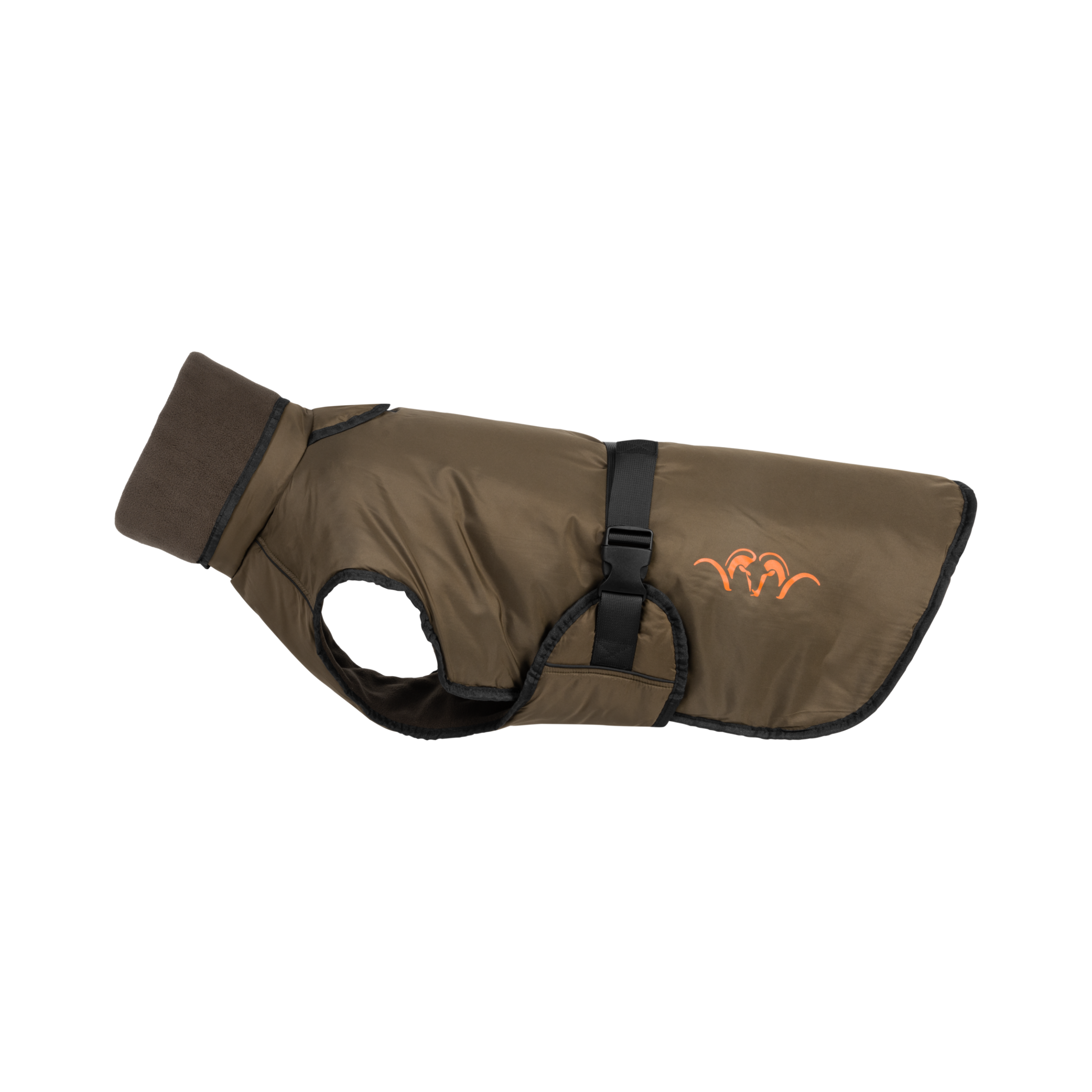 Brown dog coat with orange logo on a white background
