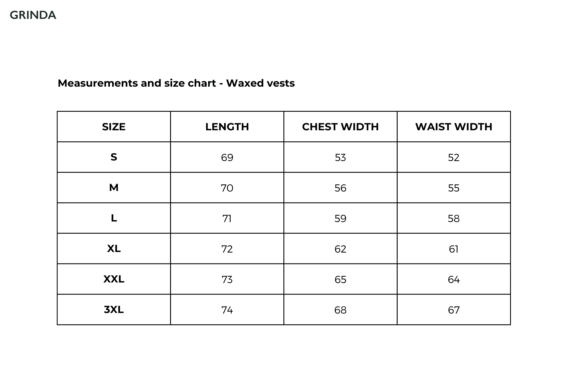 Størrelsesguide vokset vest