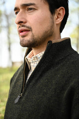 Sweater med halv lynlås - olivengrøn sweater i lammeuld