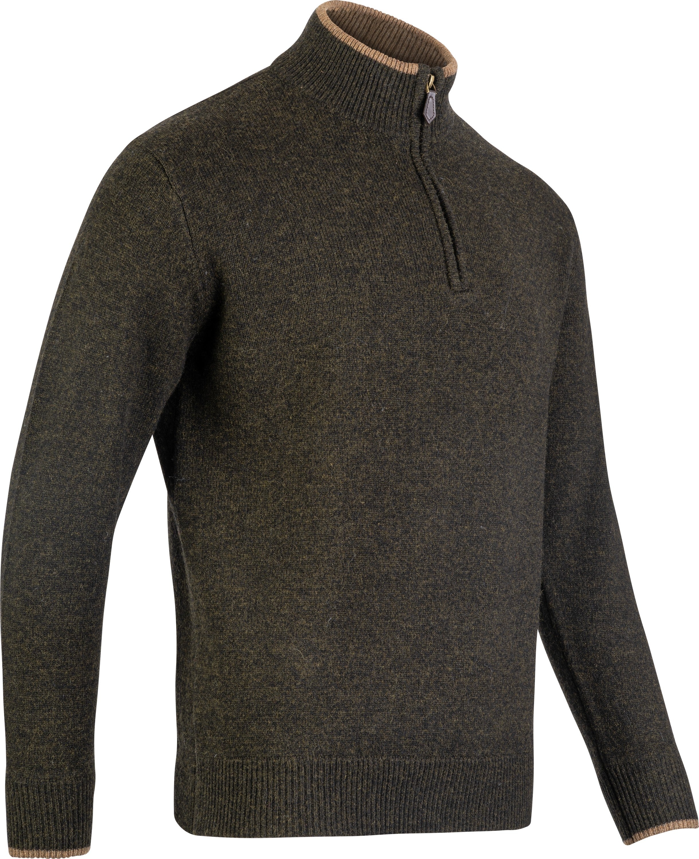 Sweater med halv lynlås - olivengrøn sweater i lammeuld
