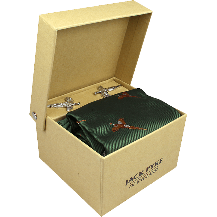 Geschenk für Jäger - Krawatte, Einstecktuch und Manschettenknöpfe mit Fasanenmotiv - Jaktstil.se